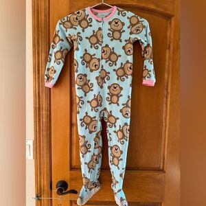 Carters Girls Size 5 Zip Up Footed Pajamas Blue with Pink Trim Monkeys